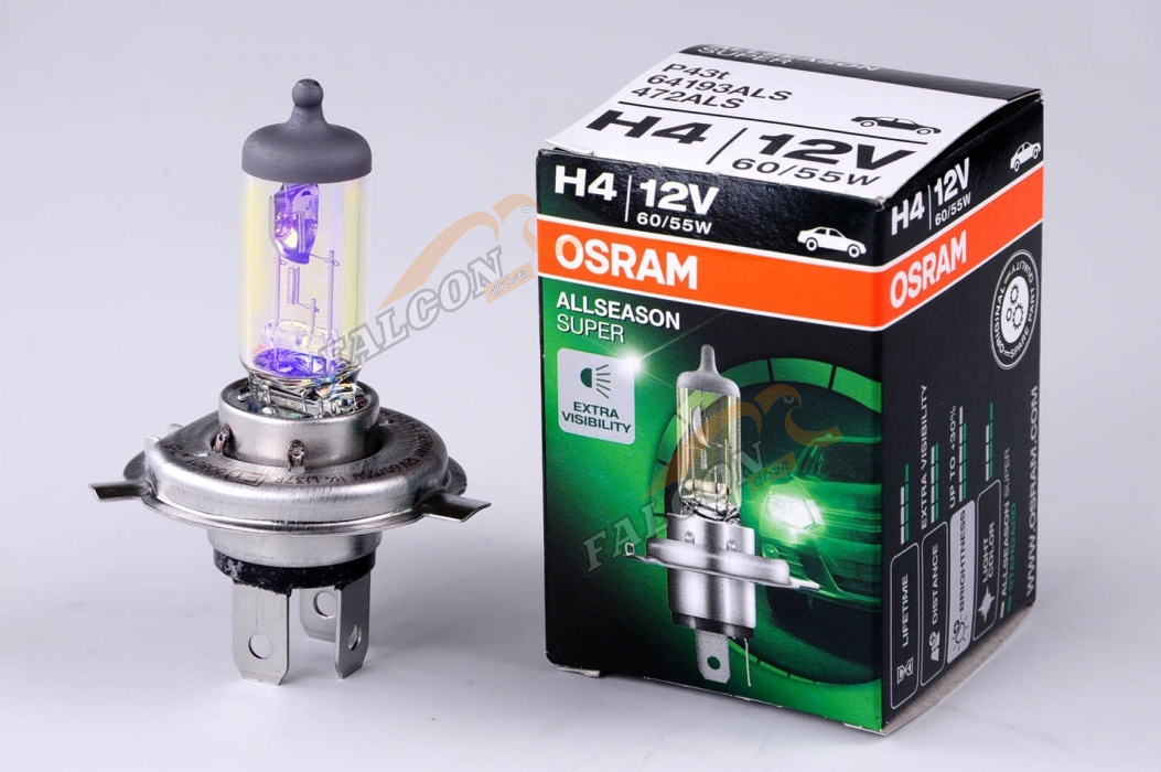 Лампа H4 галог 12V60/55W+30% (Osram) 3000K ALLSEASON SUPER  64193ALS  всепогодная шт