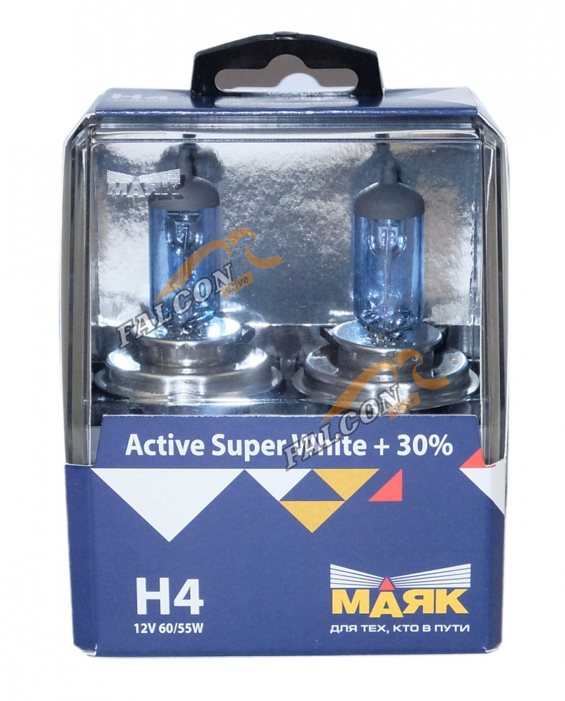 Лампа H4 галог 12V60/55W+30% (Маяк) Active Super White к-т2шт 72420ASW+30  