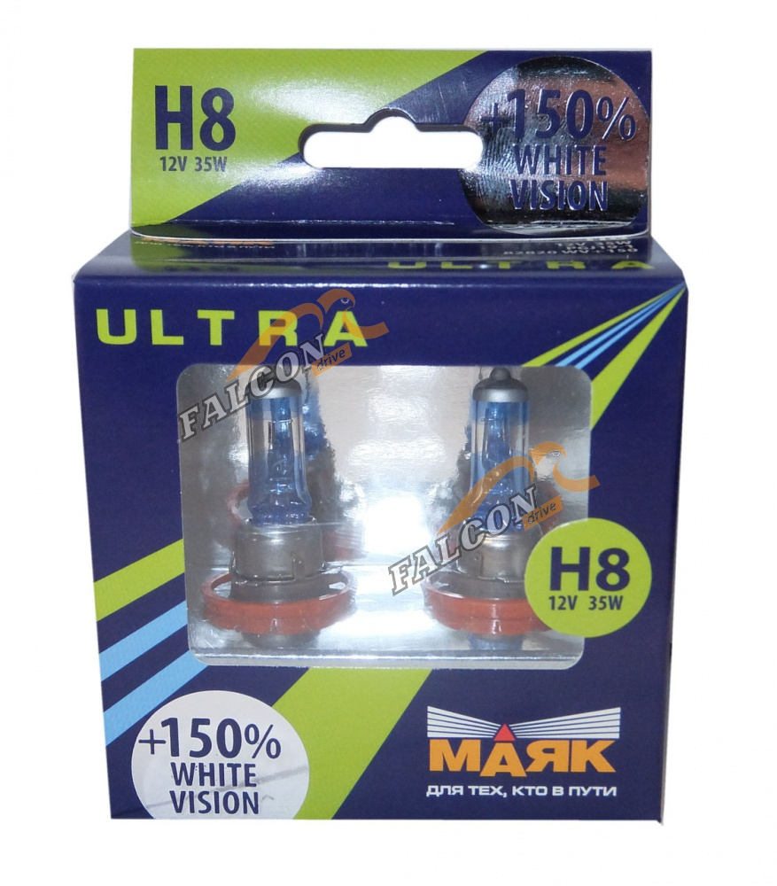 Лампа H8 галог 12V35W+150% (Маяк) ULTRA White Vision 82820WV+150